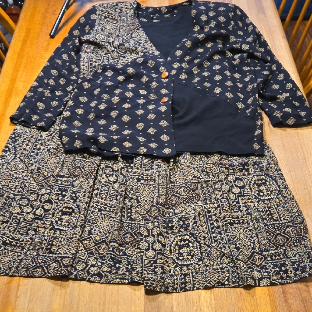Vintage 80s Essay by Sharon Anthony Women 10 Black Brown Geometric 3pc Skirt Set